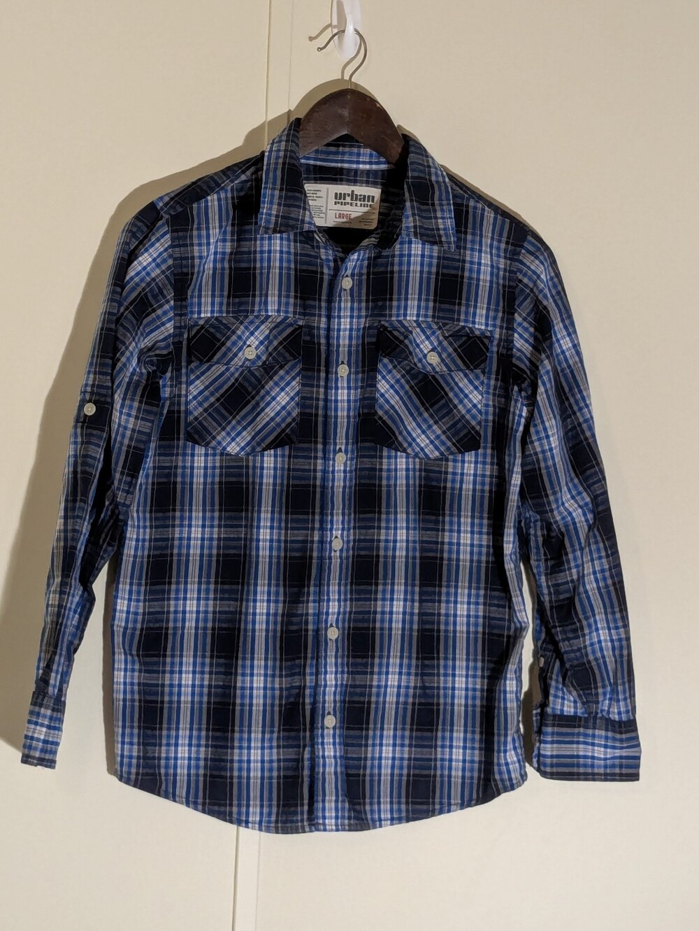 urban pipeline Boy's Large Blue and Black Plaid Button-Down Shirt